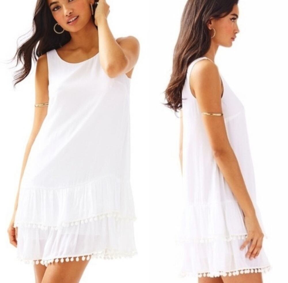 Lilly Pulitzer White Pom Pom Ruffle Natasha Dress Size XS Preppy Coastal